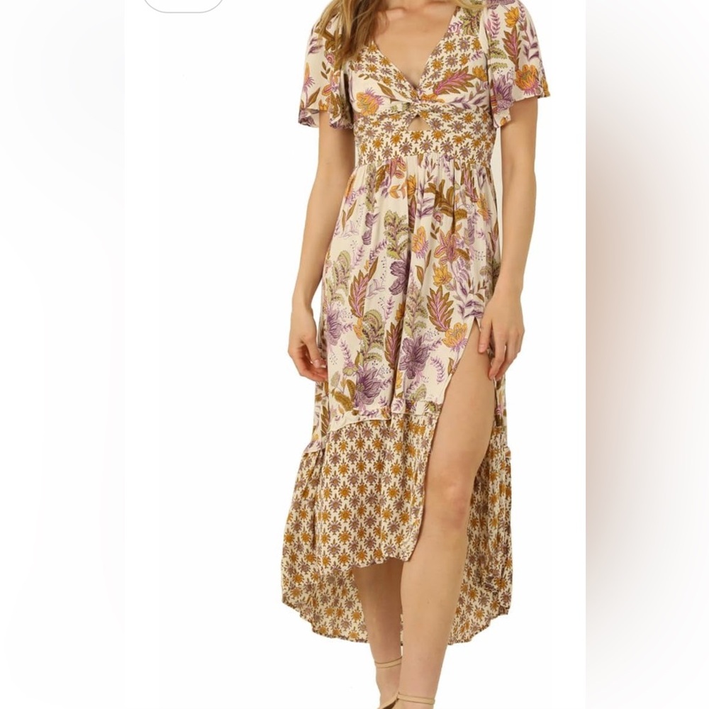 Angie Brown and Cream Ruched Sundress with Flutter Sleeves